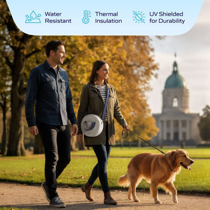 Couple walking dog with water-resistant, thermal, and UV-shielded bag