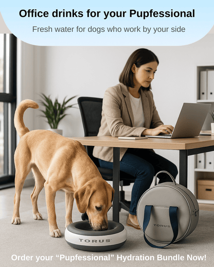 Woman with dog at desk drinking from Torus bowl