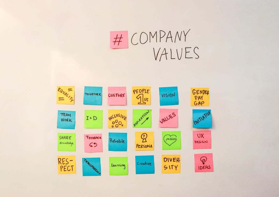 Company values on sticky notes